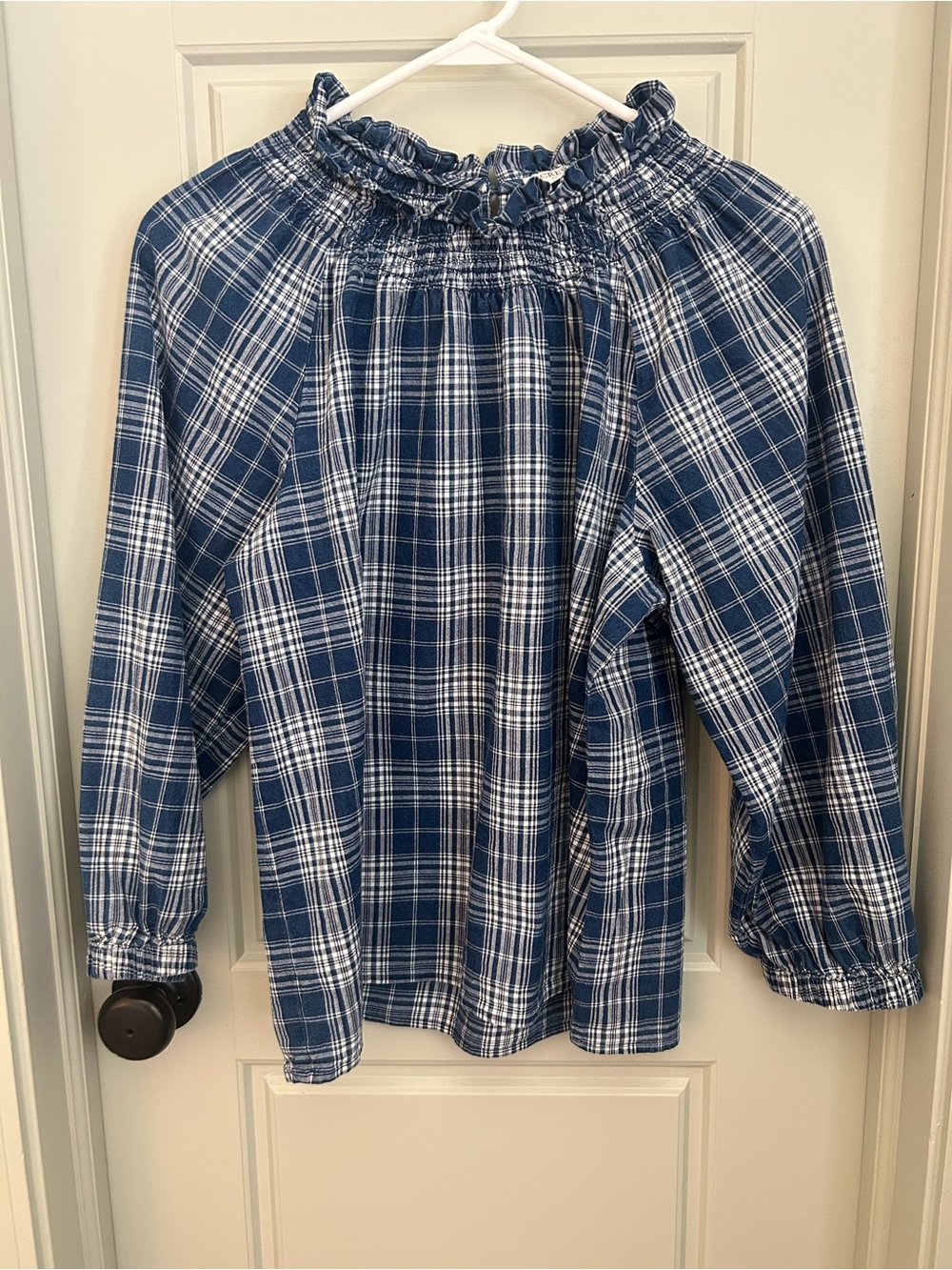 J. Crew Blue and White Plaid Ruffle-Neck Blouse